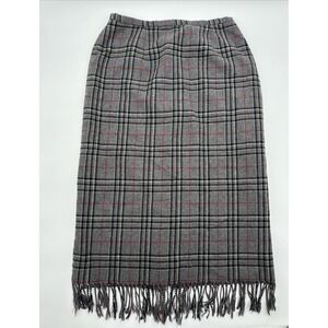 Grey Red Black Plaid Wool Fringe Skirt Sag Harbor Size 12P Academia Classiccore